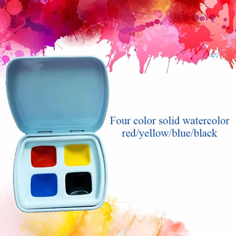 Vibrant watercolor paint set with four solid colors: red, yellow, blue, and black, perfect for arts and crafts or creative projects.