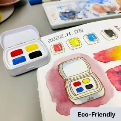 Vape ink palette with four colors and watercolor illustration of a compact mirror with colorful blocks, eco-friendly design, creative art, artistic makeup tools, watercolor art, creative makeup illustration, beauty art, beauty store graphics, Monalisa Medical.