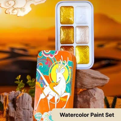 Vivid watercolor paint set featuring six vibrant colors in a white plastic container, with an artistic elk design on a colorful tin box, perfect for creative art projects and watercolor painting enthusiasts.