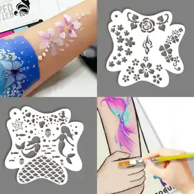 Removable tattoo stencils with floral and artistic designs for DIY temporary tattoos, perfect for skin art and creative body decoration.