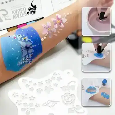Colorful glitter tattoo with fairy design and floral embellishments on skin, demonstrating step-by-step application process for body art.