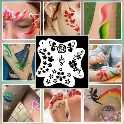 Flower face paint design for children, butterfly temporary tattoo, colorful body art on arm, glitter tattoo on hand, intricate henna-style tattoo on foot, playful tattoo on ankle, whimsical rainbow and fairy face paint, fun foot art with doodles, vibrant arm tattoos for parties, creative temporary tattoos for kids.
