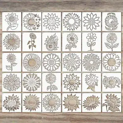 Sunflower-themed stamp collection with floral designs for decorative crafts and DIY projects.