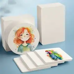 Vibrant watercolor illustrations of a smiling girl and colorful parrot on round and square cards, perfect for personalized art prints, gifts, and decorative paper products.