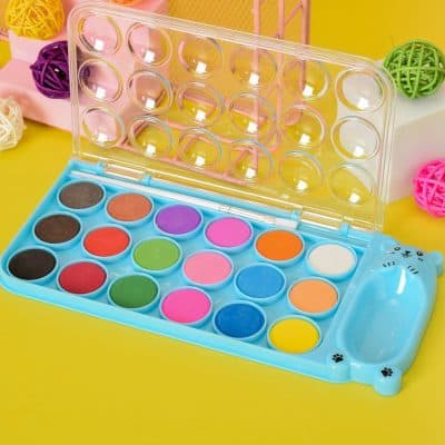 Colorful watercolor paint set for kids with palette and brush, perfect for arts and crafts activities. Bright, fun, and ideal for young artists.