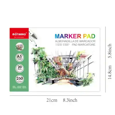 A5 marker pad with 20 sheets, 148x210mm (A5 size), 250 grams, suitable for office, school, or professional artwork, colorful cover design.