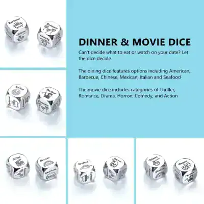 Dice with dinner and movie categories for entertainment and food options, including American, Chinese, Mexican, Italian, seafood, thriller, romance, drama, horror, comedy, and action themes.