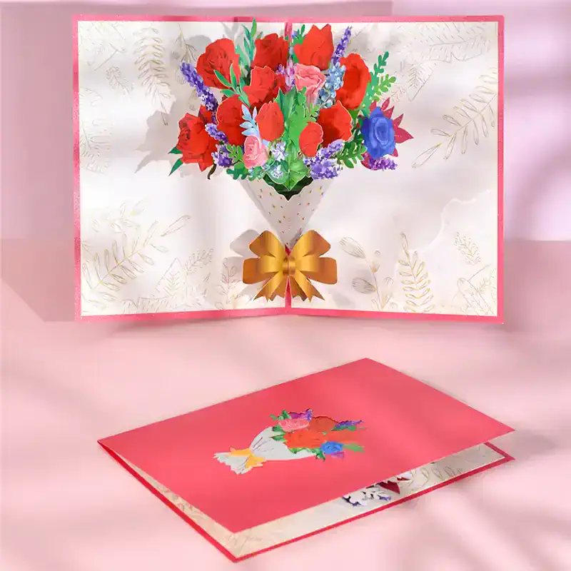 Colorful paper flower bouquet greeting card with a gold bow, perfect for birthdays, anniversaries, or special celebrations. Elegant design with a floral theme, ideal for expressing love and appreciation.