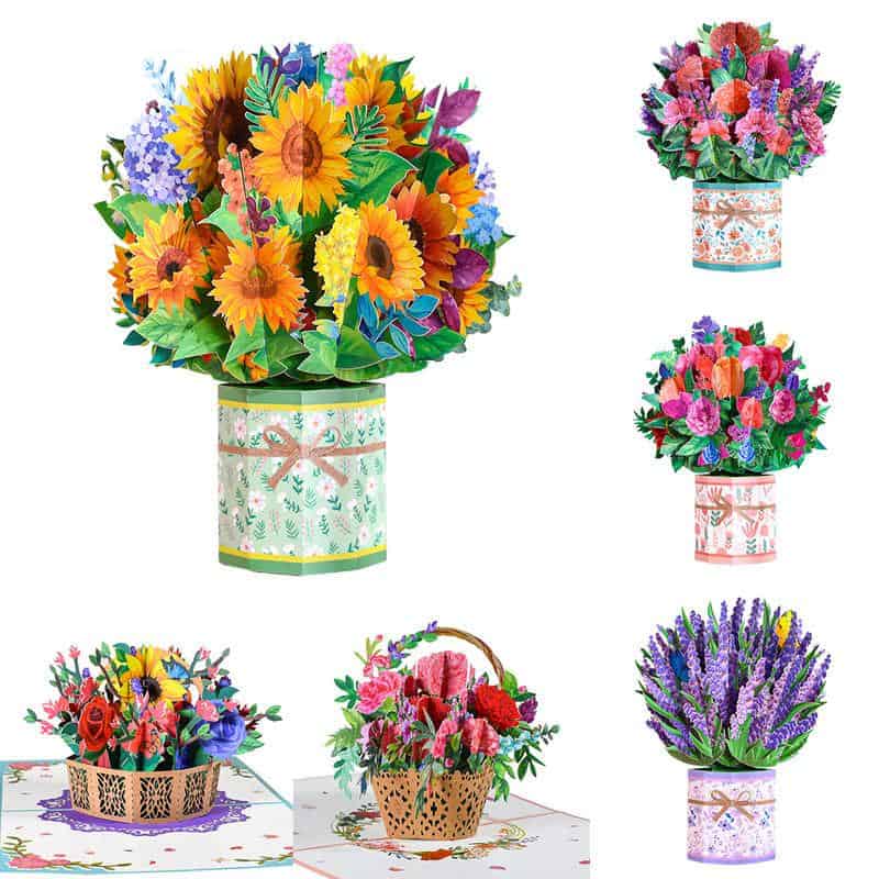 Sunflower and mixed flower paper bouquet in decorative container, perfect for floral decor and gift arrangements.