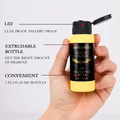 Silicone waterproof acrylic paint bottle with spill-proof lid and convenient 2 oz size for professional and artistic use in cosmetic and body art applications.