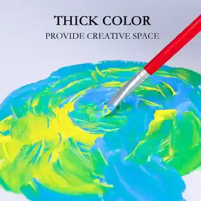 Vibrant thick paint strokes in blue, yellow, and green with a red brush, emphasizing creative space, ideal for arts and painting supplies.