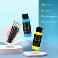 Waterproof acrylic nail paint in cerulean blue and yellow pale, with multiple fine detail brushes for professional nail art, quick-drying, non-toxic, and highly pigmented, suitable for wide application.