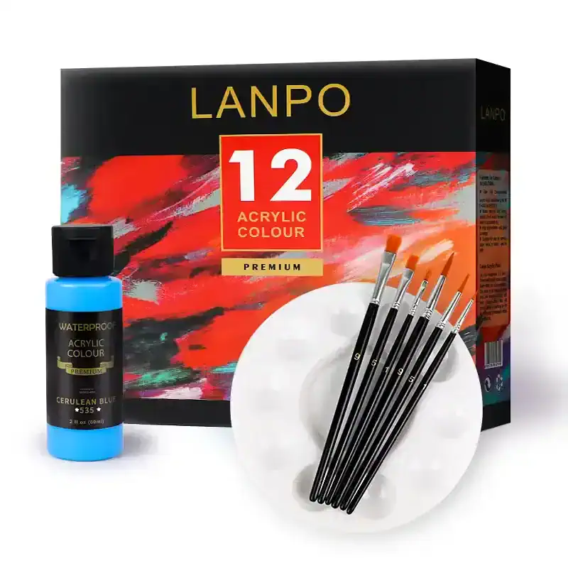 LANPO 12 Acrylic Colour Set with brushes and palette for professional painting projects.