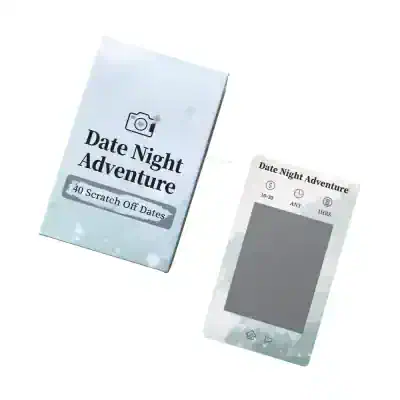 Scratch off card featuring "Date Night Adventure" game for couples, with 40 fun date ideas to spark romance and create memorable moments. Perfect for date nights and special occasions.