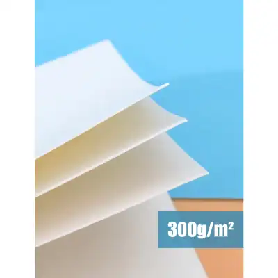 300g/m² white paper sheets for printing and office use, shown in a stack with blue background.
