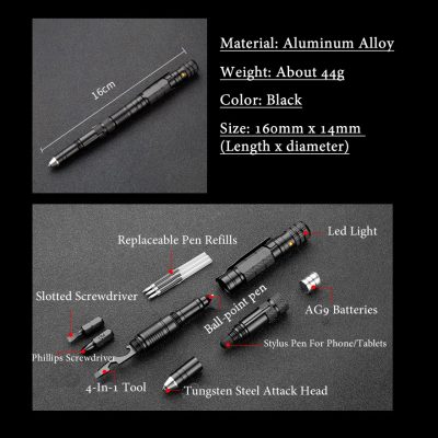 Black aluminum alloy tactical pen with LED light, replaceable refills, multi-tool, and pen accessories for outdoor and everyday use.