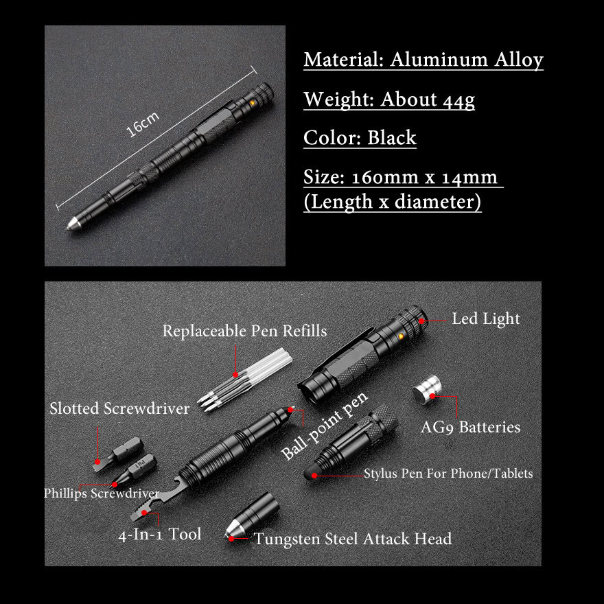 Black aluminum alloy tactical pen with LED light, replaceable refills, multi-tool, and pen accessories for outdoor and everyday use.