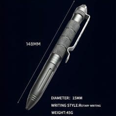 Shiny metal tactical pen with knurled grip, color of silver, ideal for everyday writing and survival uses. Features a sturdy clip, 148mm length, 15mm diameter, rotary writing style, and 45g weight.