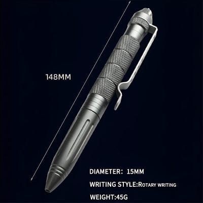 Shiny metal tactical pen with knurled grip, color of silver, ideal for everyday writing and survival uses. Features a sturdy clip, 148mm length, 15mm diameter, rotary writing style, and 45g weight.