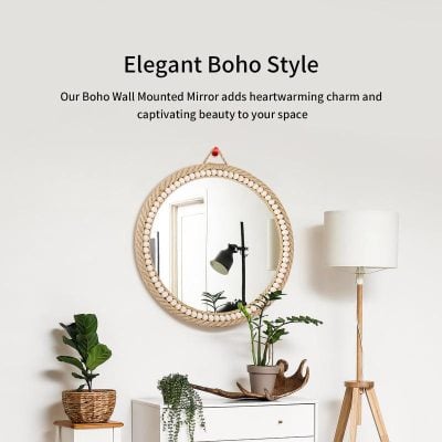 Handcrafted boho wall mirror with beaded frame, stylish home decor for living rooms and bedrooms.