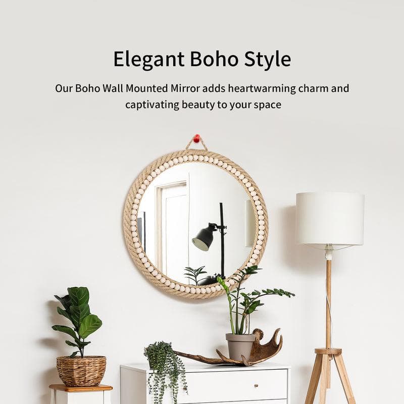 Handcrafted boho wall mirror with beaded frame, stylish home decor for living rooms and bedrooms.