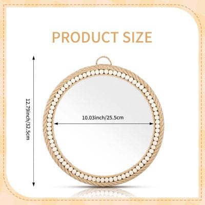 Elegant round mirror with a woven Rope frame and decorative beads, perfect for stylish home decor and makeup.