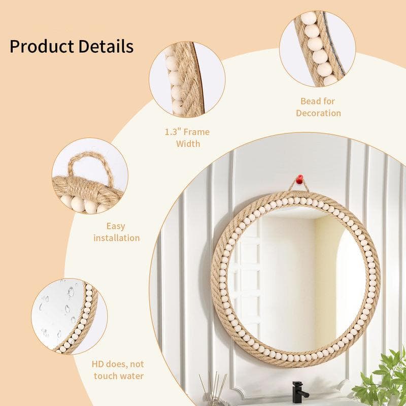 Bead mirror frame for decoration, easy installation, 1.3" width, made of wood with decorative beads, stylish round mirror for home decor, wall-mounted design, DIY-friendly, water-resistant surface, natural wood finish, adds a cozy aesthetic to living spaces.
