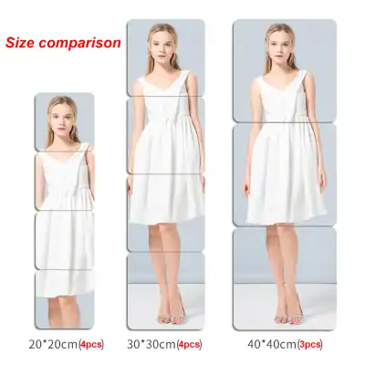 Silicone puzzle mirror with size comparison display featuring a model in a white dress, showcasing different mirror fragment sizes for fashion and beauty visualization.