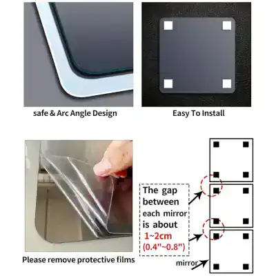 Scratch-resistant and curved mirror edge design for safety and aesthetics, easy installation with mounting plate, includes peel-off protective films for clear view, with optimal spacing of 1-2cm between mirrors.