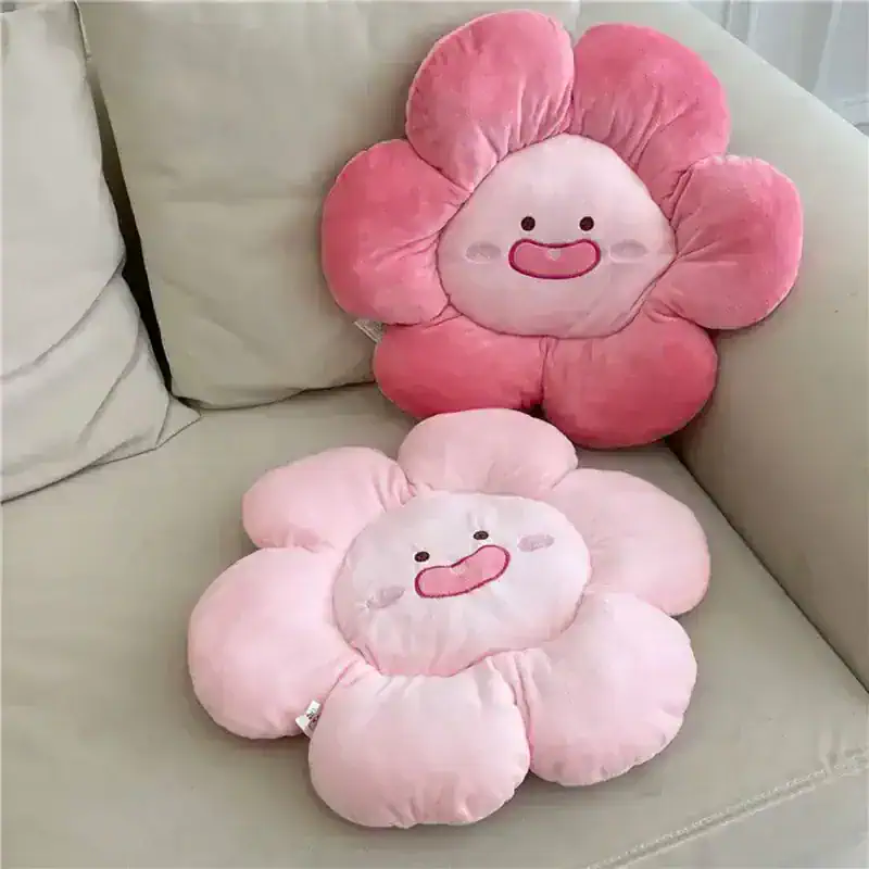 Flower-shaped plush cushions with cute smiling faces, ideal for children's room décor or cozy lounge area, available at Monalisa Store for adorable home accessories.