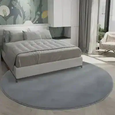 Luxurious bedroom with modern furniture, cozy bedding, and elegant decor featuring floral accent wall and large window with curtains.