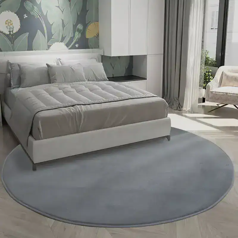 Luxurious bedroom with modern furniture, cozy bedding, and elegant decor featuring floral accent wall and large window with curtains.