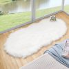 Luxurious white faux fur rug beside large glass window overlooking lake, contemporary minimalist decor with soft natural lighting, cozy home interior emphasizing comfort and style.