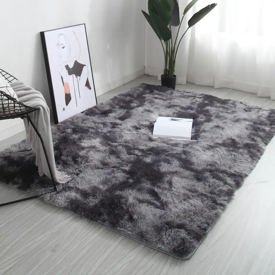 Luxurious gray plush area rug in modern interior decor, perfect for living rooms or bedrooms, featuring soft, high-pile texture.