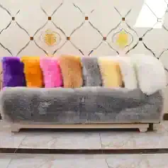 Luxurious faux fur sofa with vibrant multicolor cushions, perfect for modern living rooms and home decor, available at Monalisa Store.