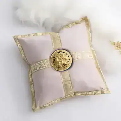 Gold and lavender decorative cushion with intricate brocade trim and a central ornamental medallion, perfect for elegant home decor and luxury setting VIP gift ideas.