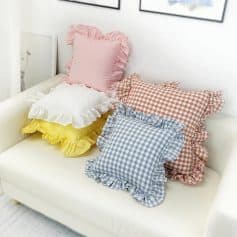 Pink ruffled decorative pillow, comfortable gingham checkered cushions, stylish ruffled backrest pillows, cozy home decor cushions for living room or bedroom, Monalisa Store opt.