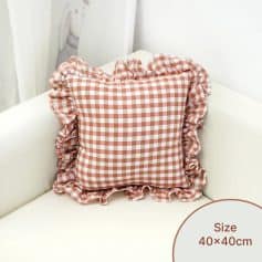Gingham ruffled decorative pillow, pink and white checkered fabric, soft cotton material for living room decor, 40x40cm size.