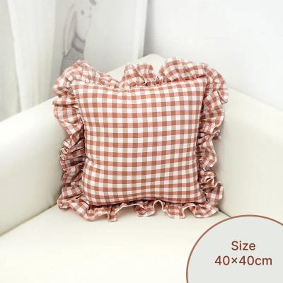 Gingham ruffled decorative pillow, pink and white checkered fabric, soft cotton material for living room decor, 40x40cm size.