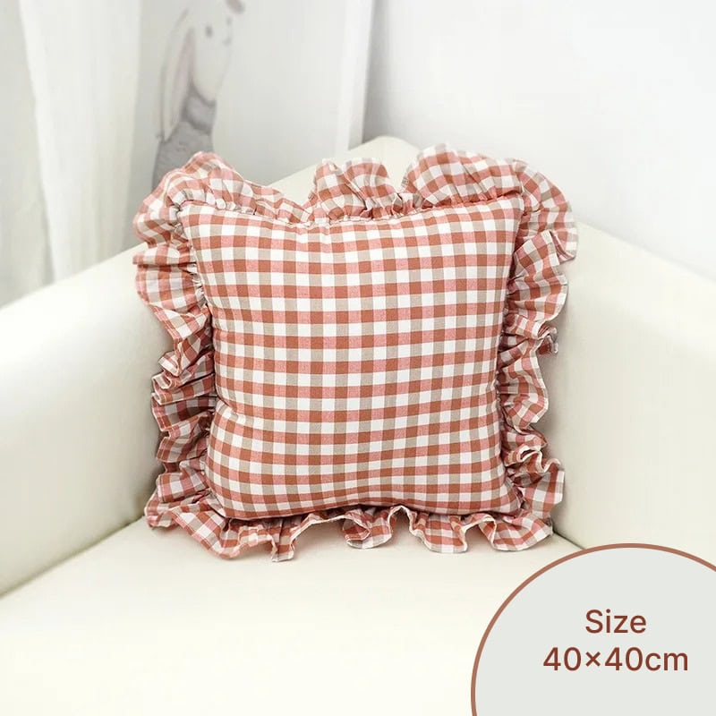 Gingham ruffled decorative pillow, pink and white checkered fabric, soft cotton material for living room decor, 40x40cm size.