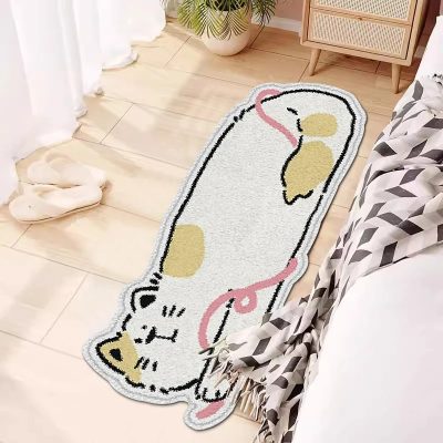 Fluffy white cat-shaped rug with pink and beige accents, perfect for cozy bedroom decor, from Monalisa Store. Adds cute and stylish touch to your living space or bedroom.