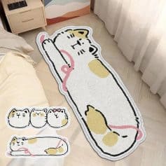 Comfy cat-shaped rug, adorable plush mat for bedroom decor, soft fluffy design with cute feline patterns, perfect for adding cozy charm to your living space or child's room.