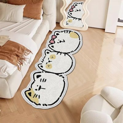 Cute cat-themed hallway rug with white, black, pink, and yellow accents, perfect for adding playful charm to living spaces.