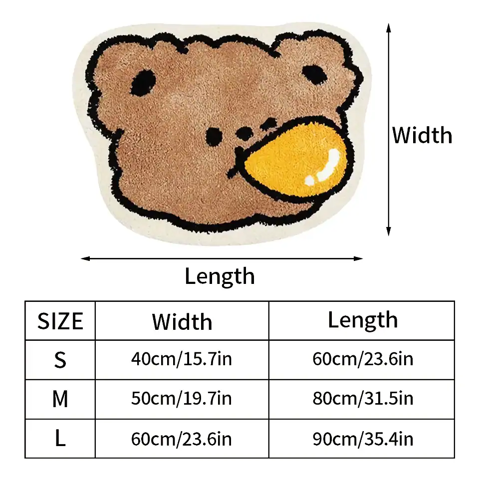 Soft teddy bear-shaped rug featuring a cute bear face with a yellow nose, perfect for children's bedrooms or nurseries. Durable material with size options suitable for various spaces.