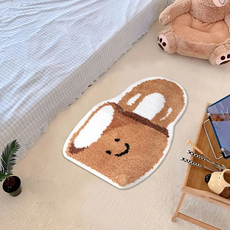 Cozy cute coffee cup-themed plush rug in a bedroom, adding playful charm to the space, perfect for modern decor, enhances comfort and style.