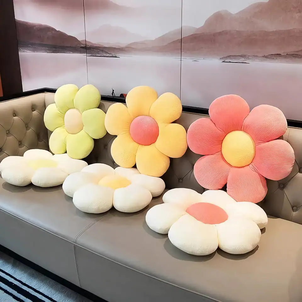 Colorful flower-shaped cushions for interior decor at Monalisa Store opt showroom The vibrant flower pillows add a cheerful and modern touch to the store’s reception area and create a welcoming atmosphere for visitors. Bright and playful floral cushions enhance the aesthetic appeal of the opt store, making it inviting and stylish for customers seeking eyewear and optical services. relevance.