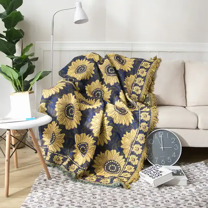 Luxurious sunflower-patterned throw blanket in navy and yellow, perfect for home decor and cozy comfort - Monalisa Store.