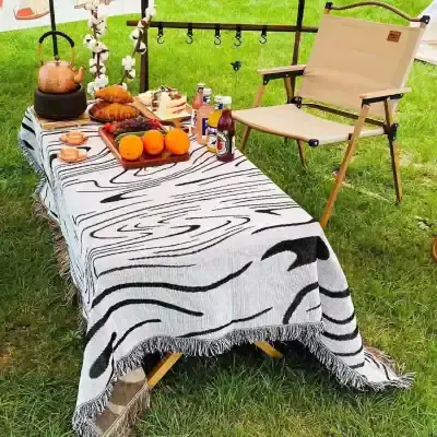Elegant outdoor picnic setup with a zebra print tablecloth, fresh fruits, beverages, and cozy folding chair, perfect for outdoor leisure, dining, and social gatherings. Suitable for summer picnics and garden parties.