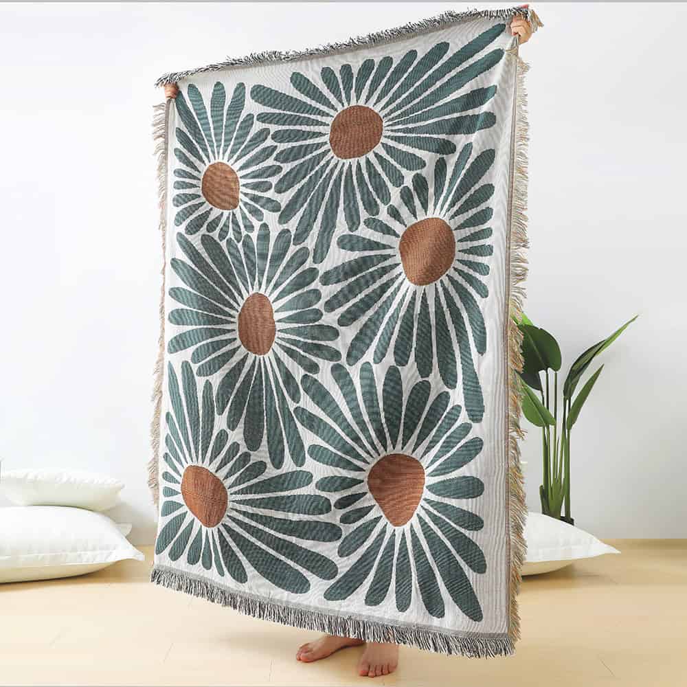 Vibrant floral patterned decorative rug with daisy design on a minimalist interior setup. Perfect for enhancing home decor with unique, artistic accents from Monalisa Store.