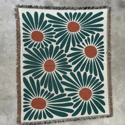 Vibrant floral patterned rug with large daisy motifs in teal and terracotta, perfect for modern home decor and adding aesthetic appeal to living spaces. Ideal for stylish interior design.